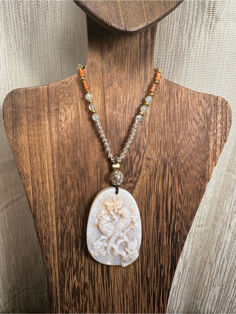 Coral Fossil Birds Pendant with Ocean Jasper on Adjustable Rope - Picture 2 of 15